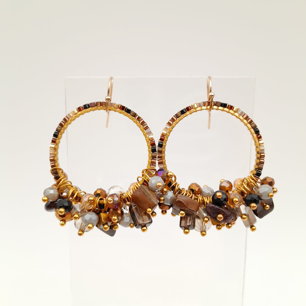 Miyuki Hoop Crystal Earrings - Brown