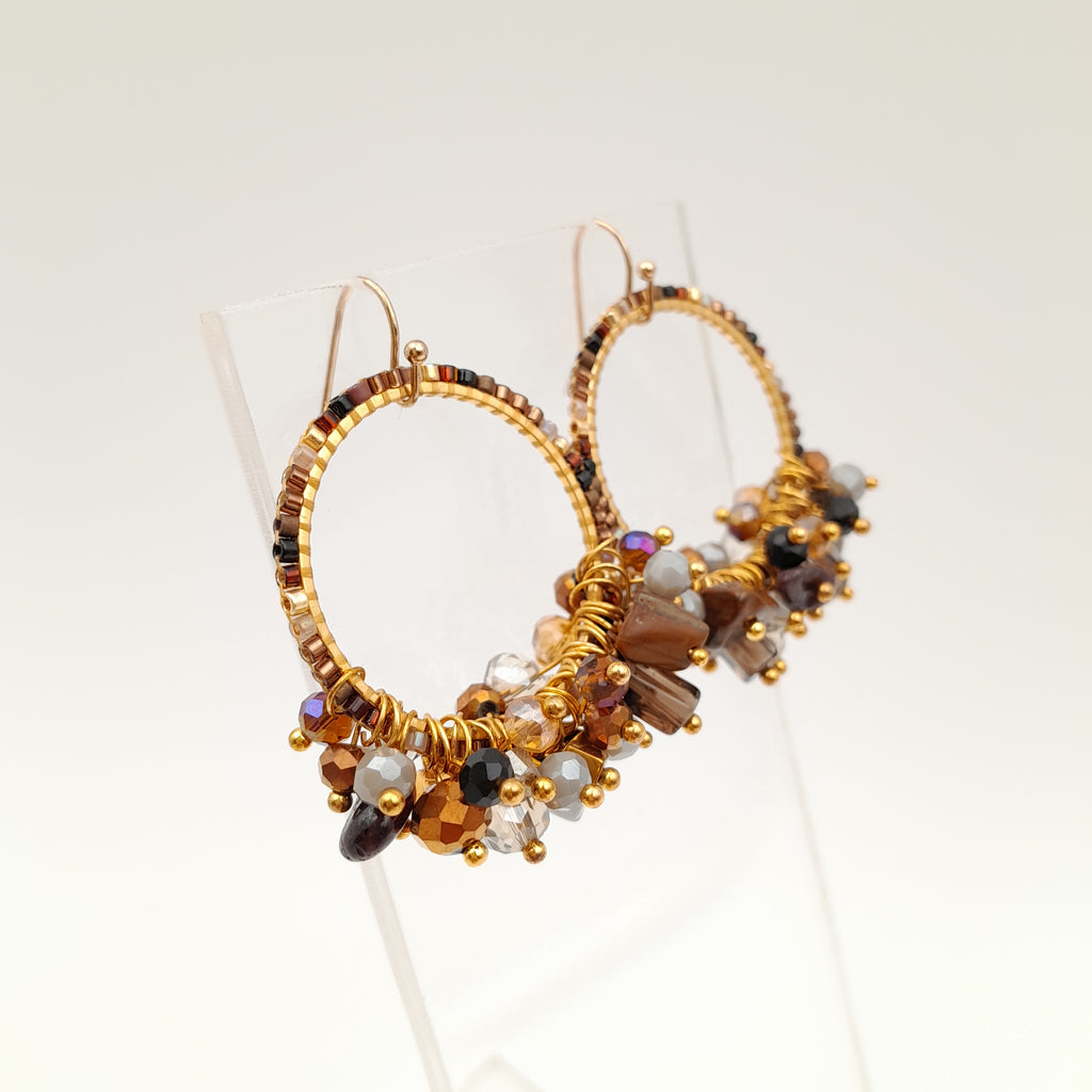 Miyuki Hoop Crystal Earrings - Brown