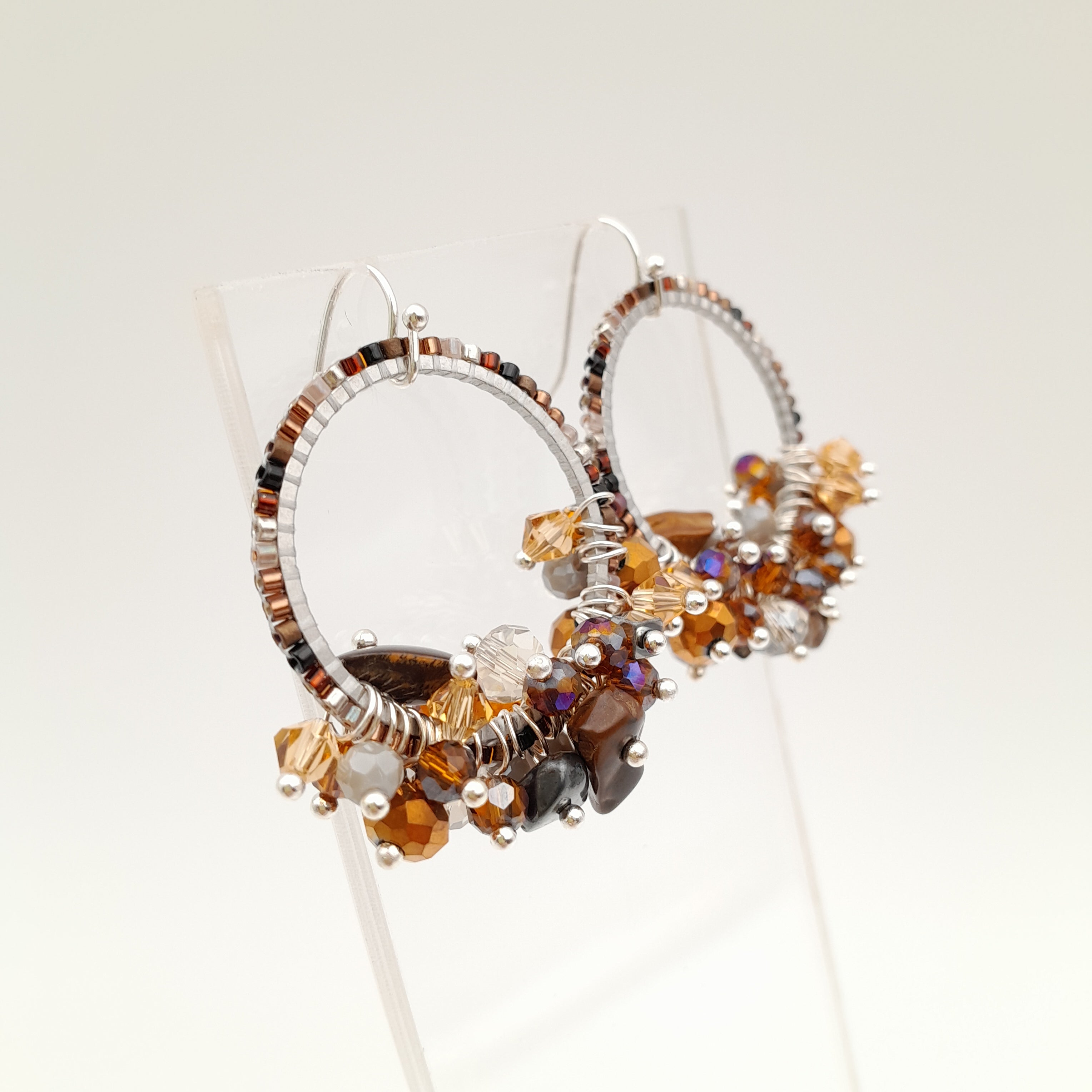 Miyuki Hoop Crystal Earrings - Brown