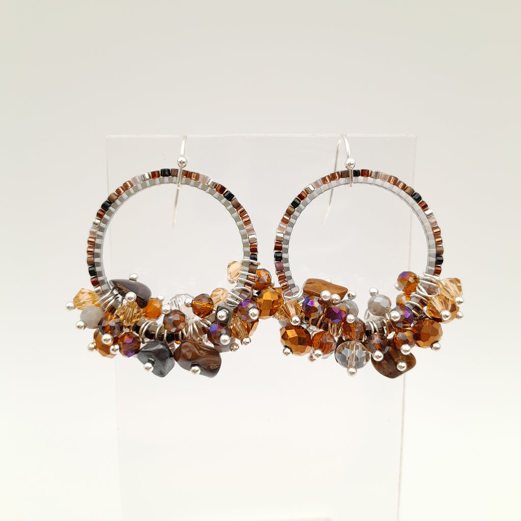 Miyuki Hoop Crystal Earrings - Brown