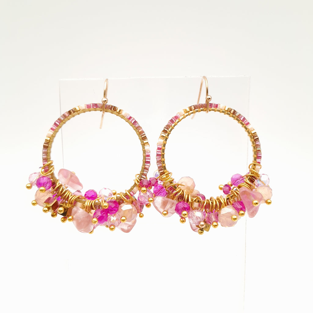 Miyuki Hoop Crystal Earrings - Hot Pink