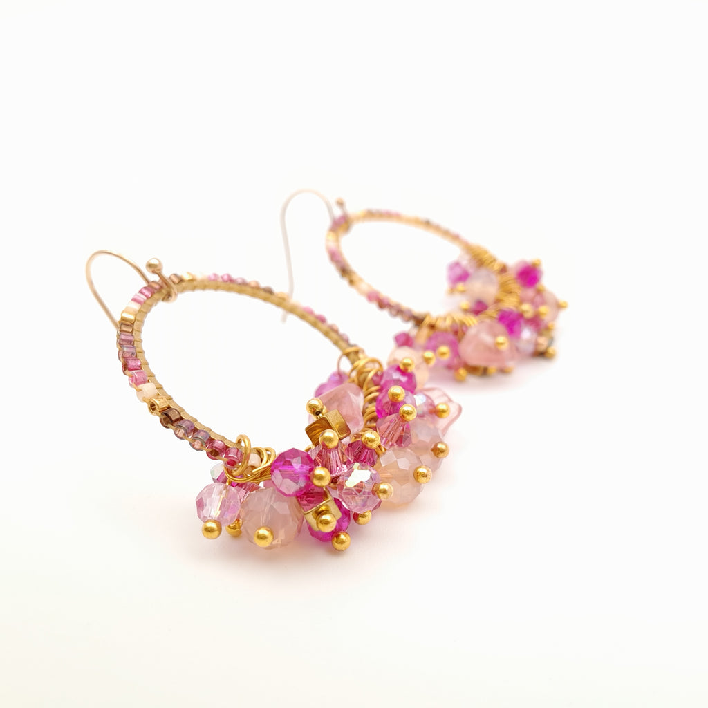 Miyuki Hoop Crystal Earrings - Hot Pink