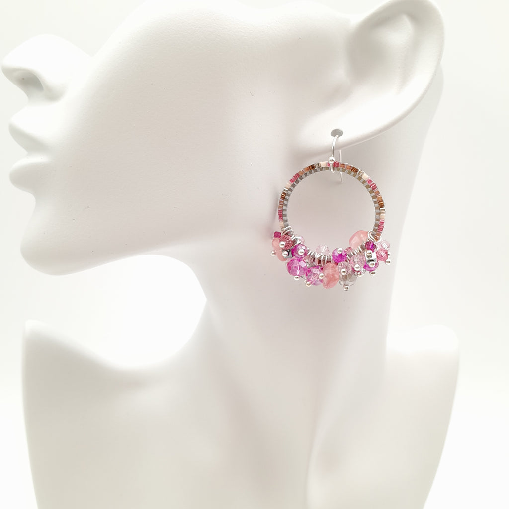 Miyuki Hoop Crystal Earrings - Hot Pink
