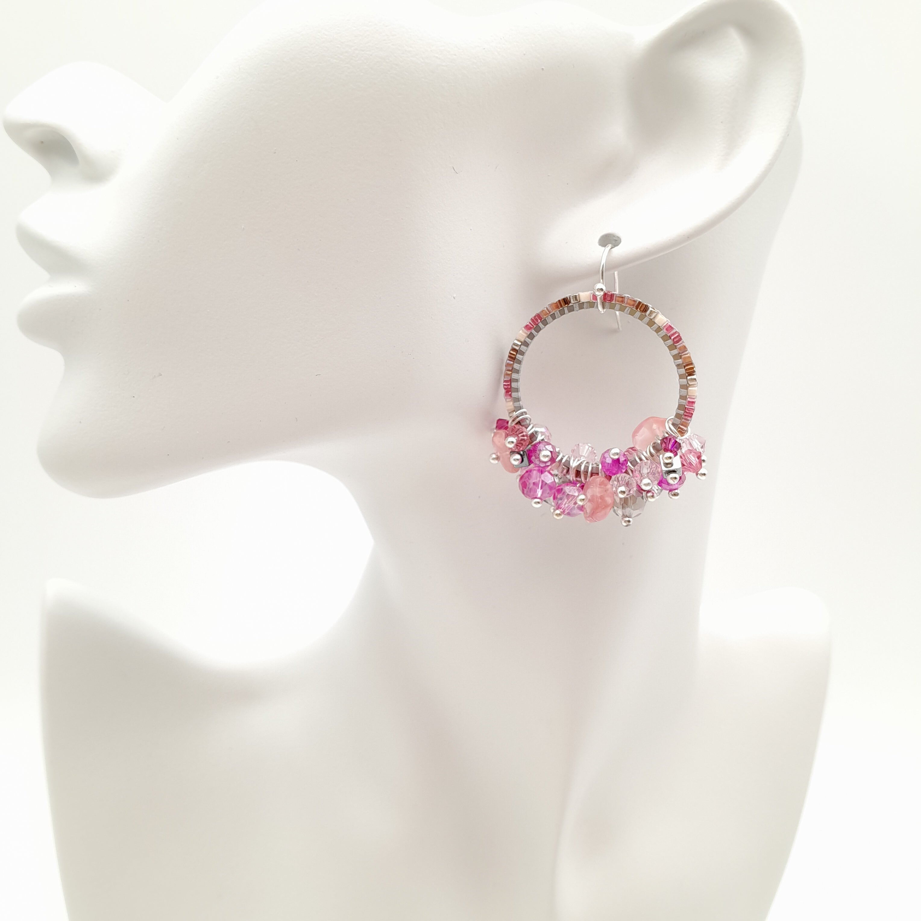 Miyuki Hoop Crystal Earrings - Hot Pink