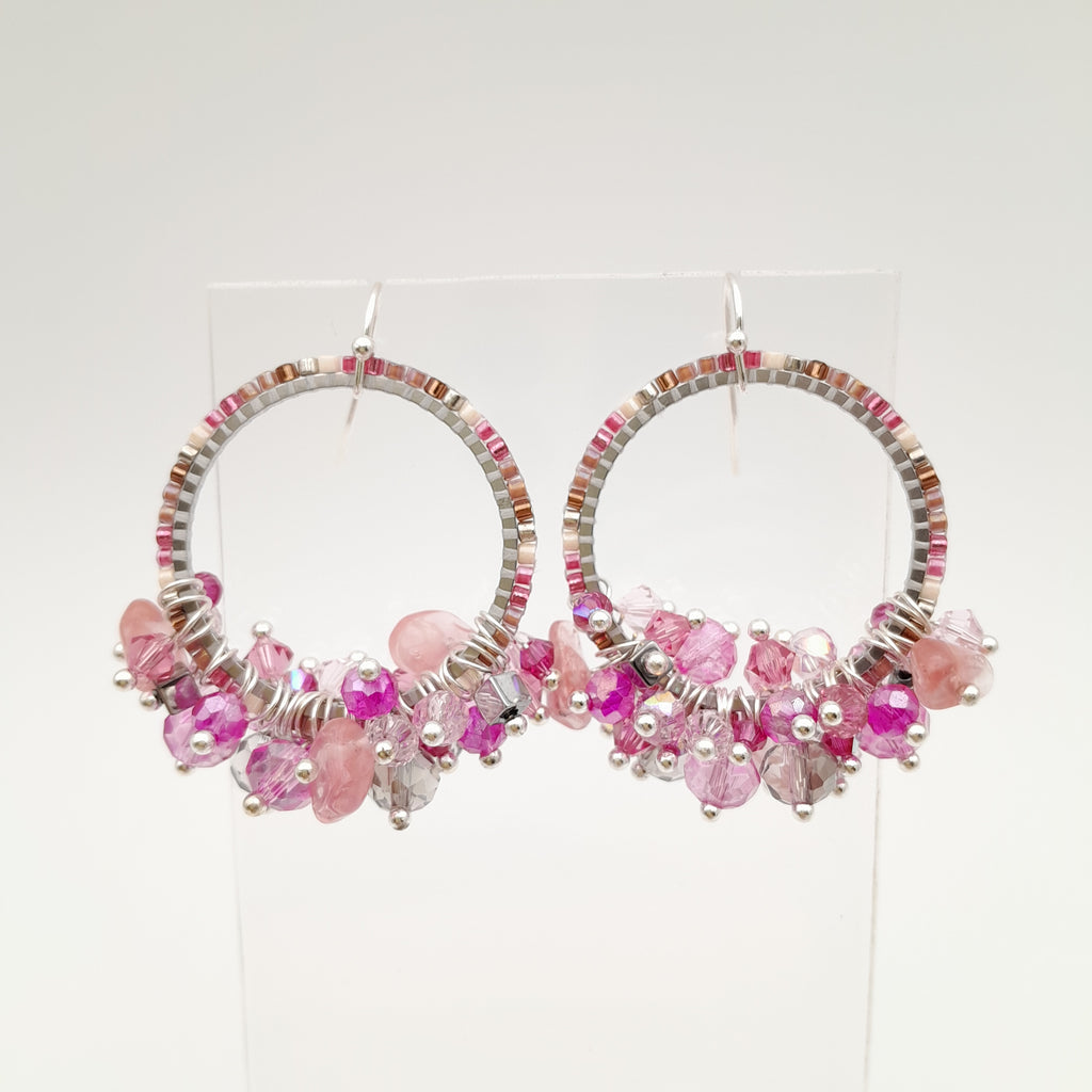 Miyuki Hoop Crystal Earrings - Hot Pink