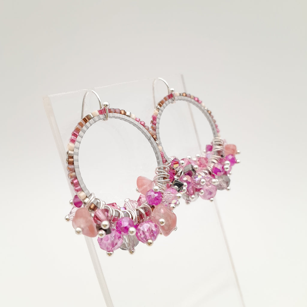 Miyuki Hoop Crystal Earrings - Hot Pink