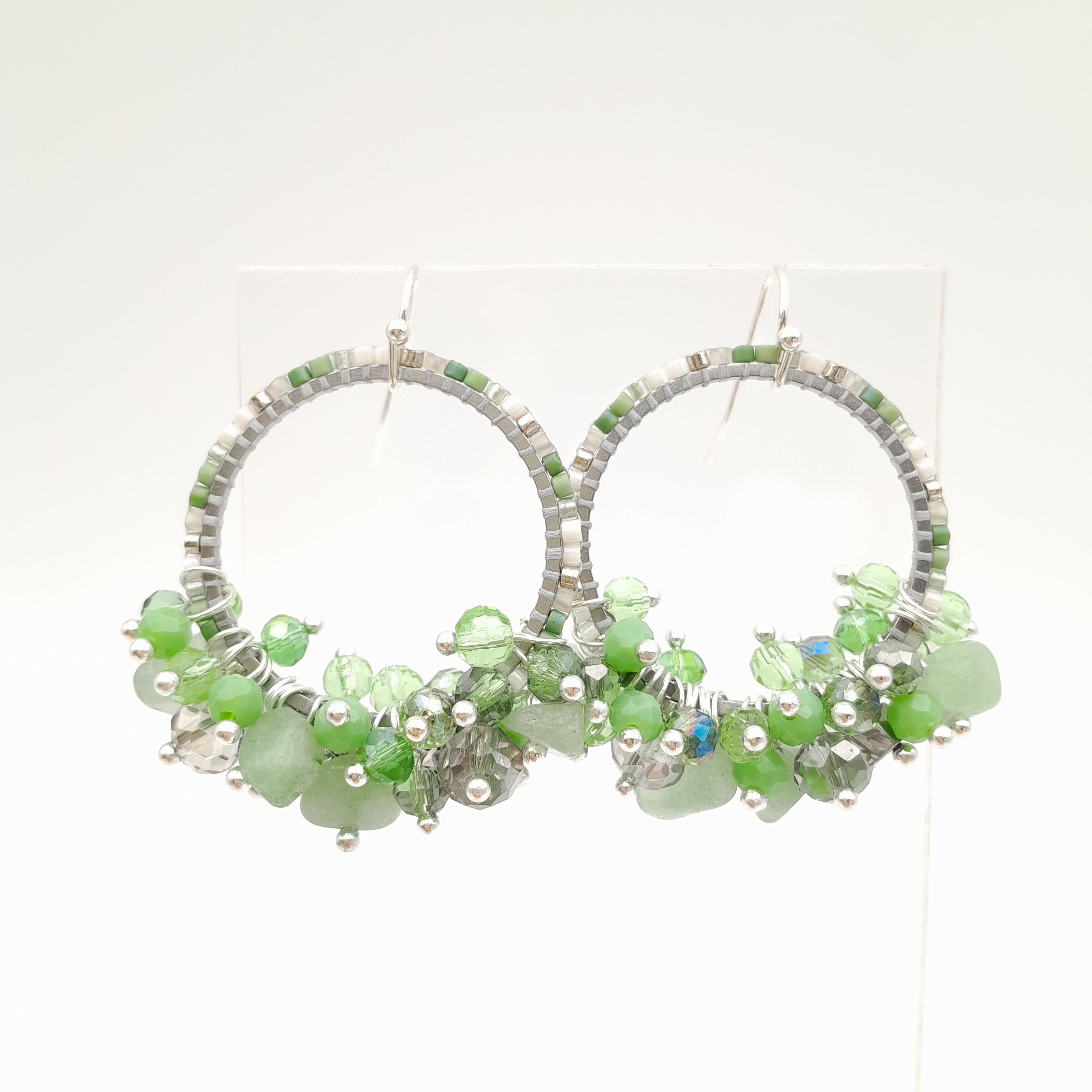 Miyuki Hoop Crystal Earrings - Sage