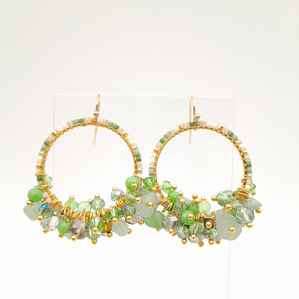 Miyuki Hoop Crystal Earrings - Sage