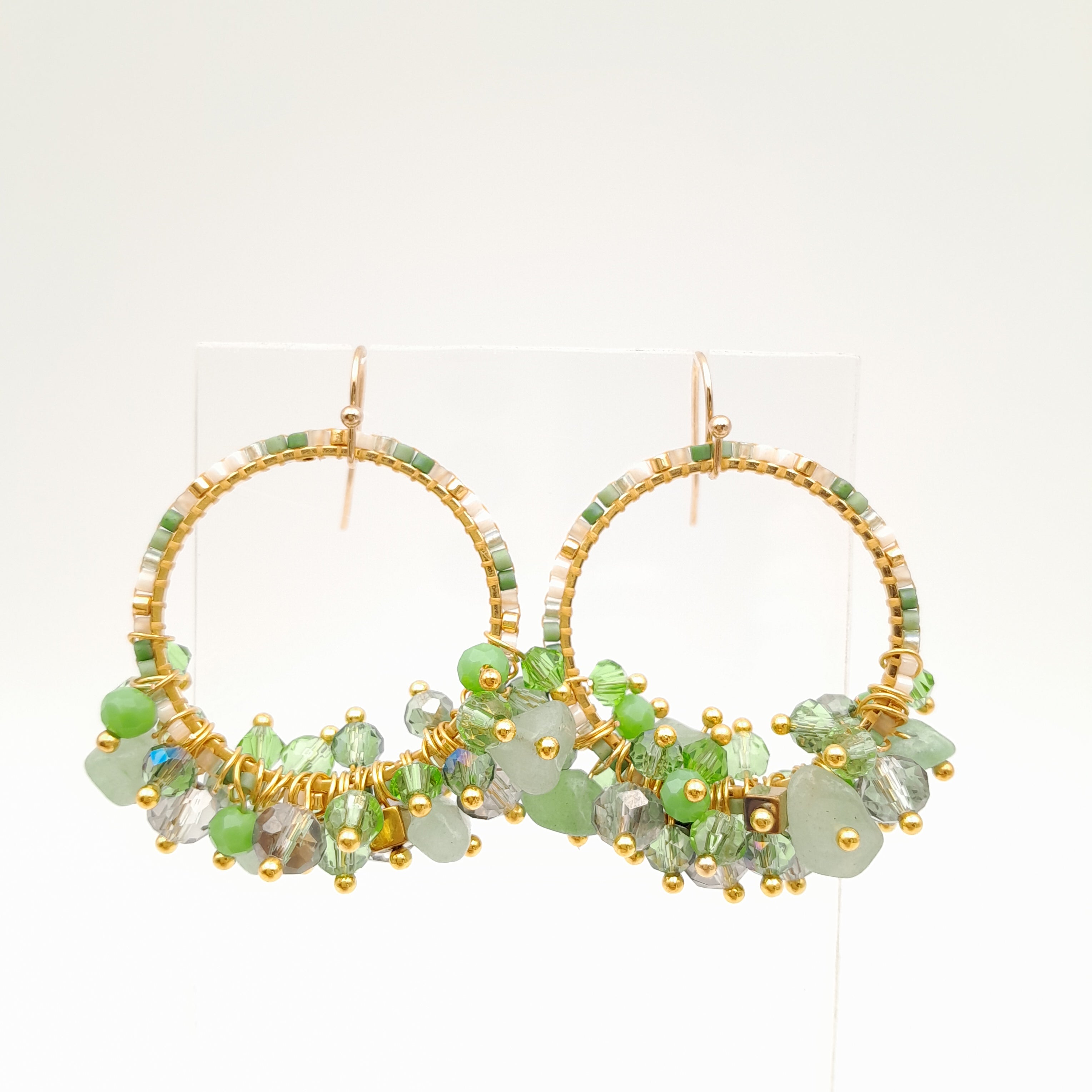 Miyuki Hoop Crystal Earrings - Sage