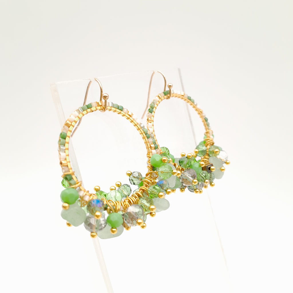 Miyuki Hoop Crystal Earrings - Sage