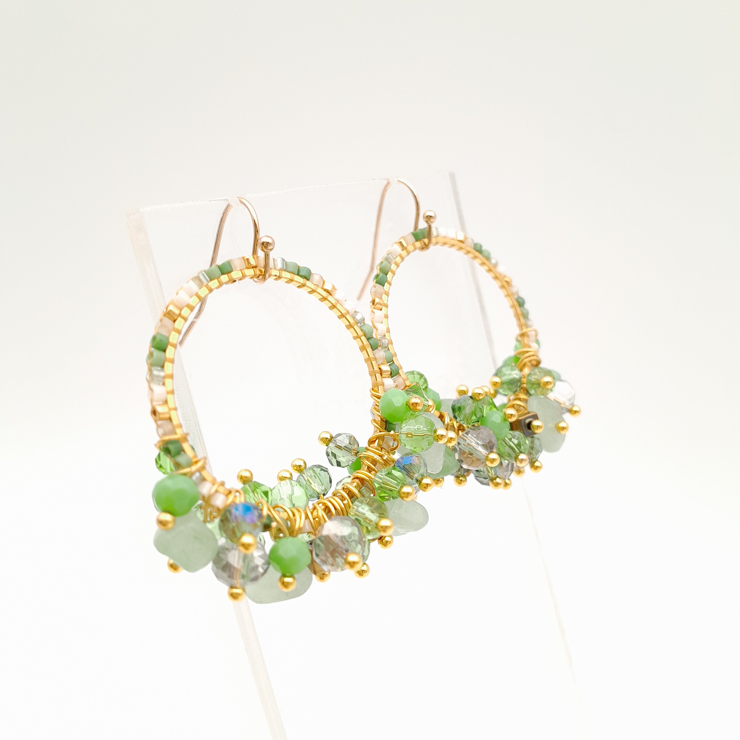 Miyuki Hoop Crystal Earrings - Sage