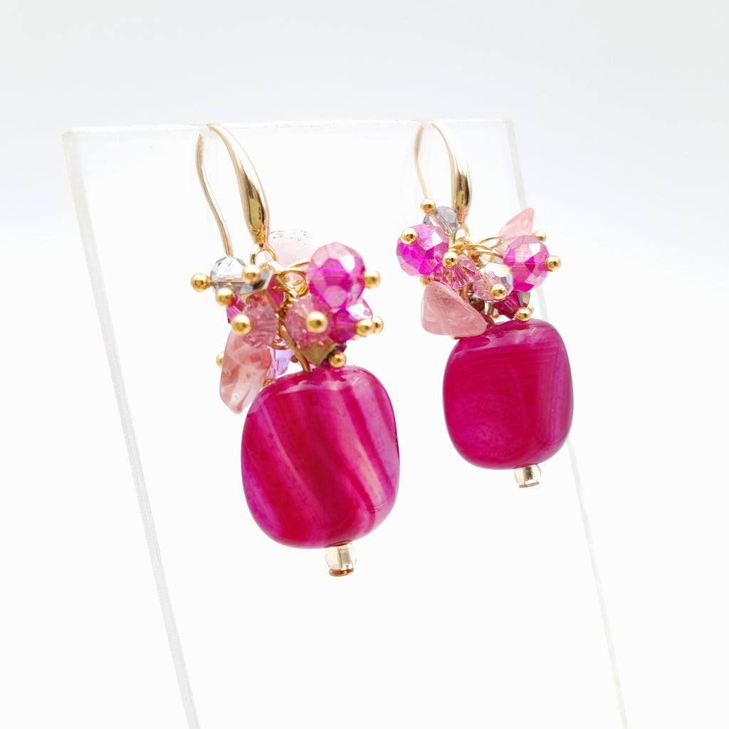 Gemstone Drop Earrings - Hot Pink Agate