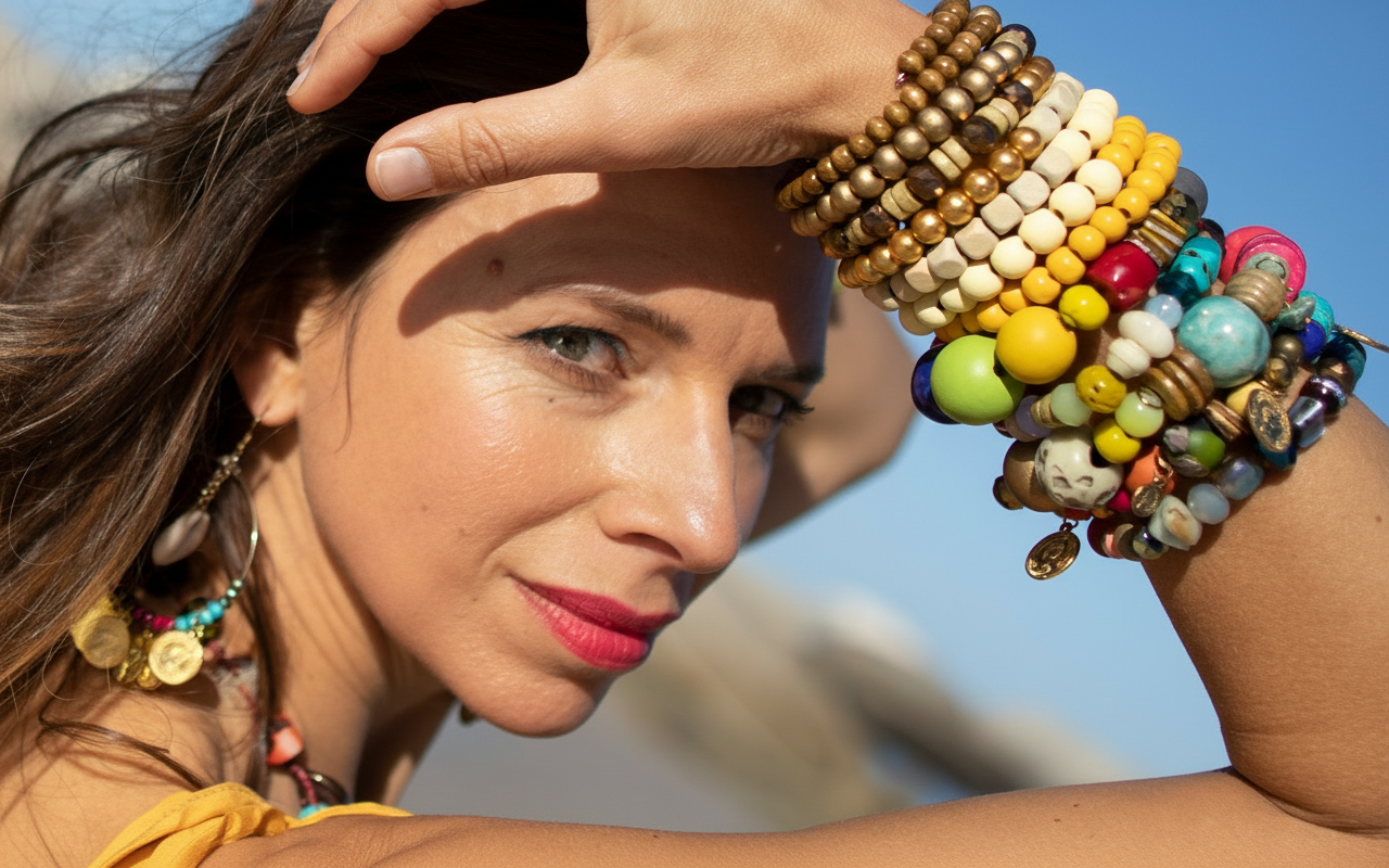 Woman with colorful beaded bracelets on a blurred natural background