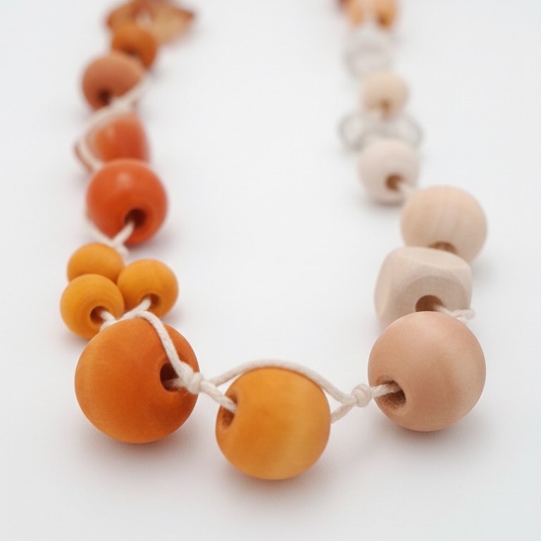 Necklace with orange and beige beads on a white background